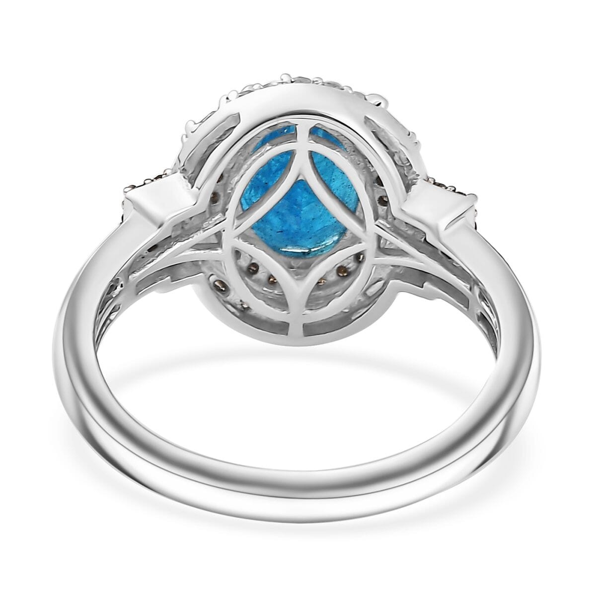 D'Joy Malgache Neon Apatite, Natural Champagne and White Diamond 2.30 ctw Ring in Rhodium Over Sterling Silver (Size 7.0) image number 4