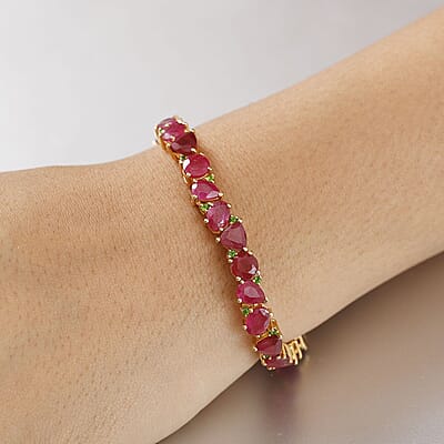 D'Joy Niassa Ruby (FF) and Chrome Diopside 30.65 ctw Bracelet in 18K Vermeil Yellow Gold Over Sterling Silver (6.50 In)