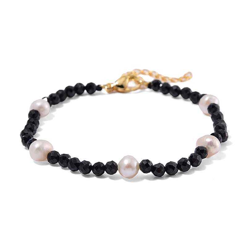Freshwater Pearl and Thai Black Spinel 30.00 ctw Beaded Bracelet in ION Plated YG Stainless Steel (7.50-9.0In)