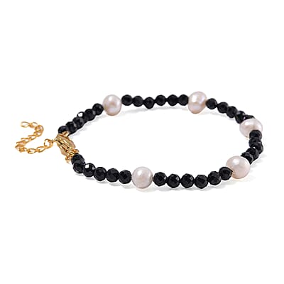 Freshwater Pearl and Thai Black Spinel 30.00 ctw Beaded Bracelet in ION Plated YG Stainless Steel (7.50-9.0In)