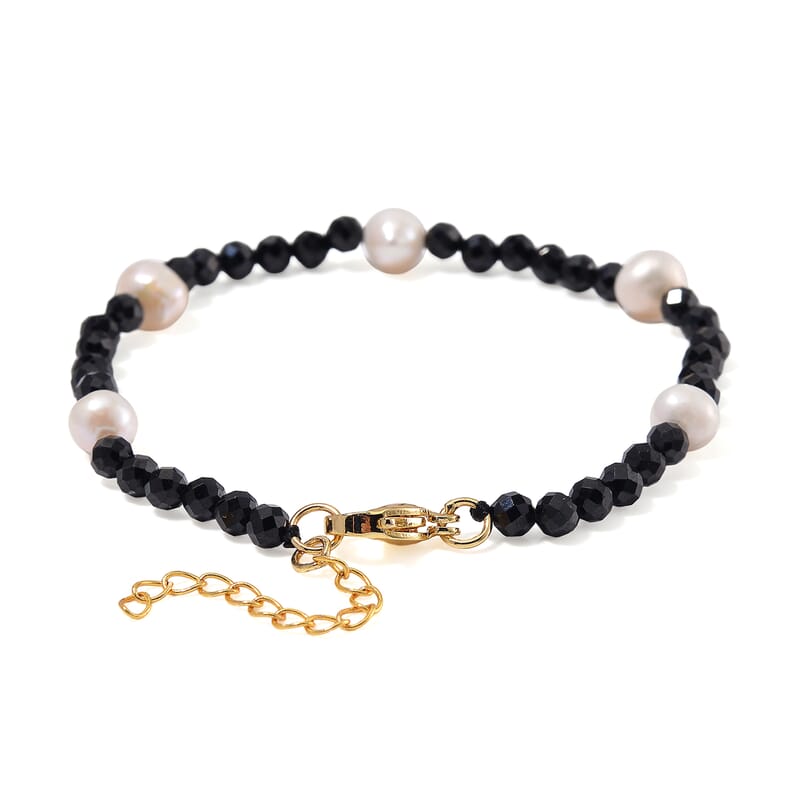 Freshwater Pearl and Thai Black Spinel 30.00 ctw Beaded Bracelet in ION Plated YG Stainless Steel (7.50-9.0In)