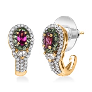 Radiant Ember Garnet and Multi Gemstone 2.15 ctw J-Hoop Earring in 18K Vermeil Yellow Gold Over Sterling Silver