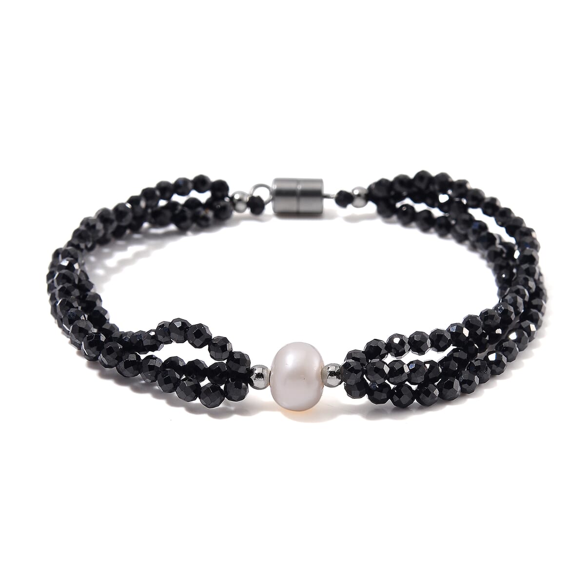 Freshwater Pearl and Thai Black Spinel 200.00 ctw Beaded 3 Row Bracelet in Stainless Steel (7.00 In) image number 0