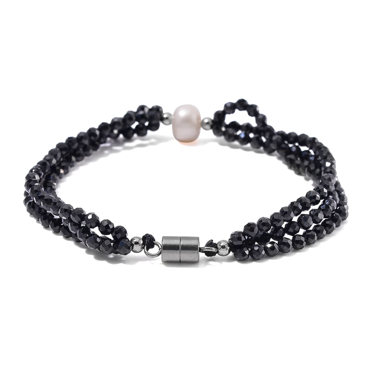 Freshwater Pearl and Thai Black Spinel 200.00 ctw Beaded 3 Row Bracelet in Stainless Steel (7.00 In) image number 3