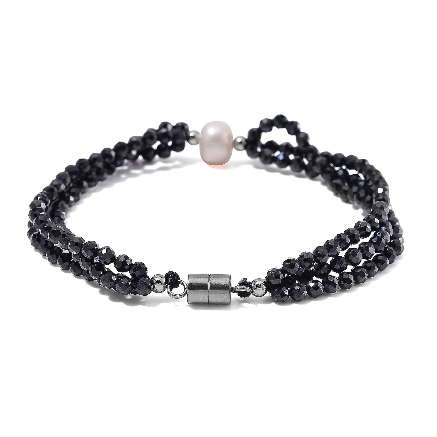 Freshwater Pearl and Thai Black Spinel 200.00 ctw Beaded 3 Row Bracelet in Stainless Steel (7.00 In)