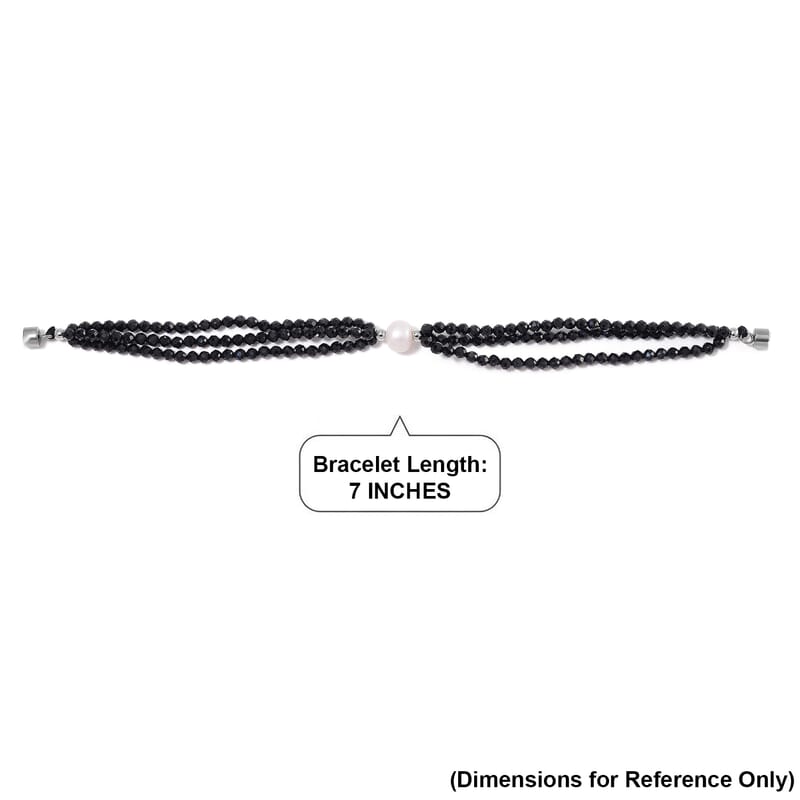 Freshwater Pearl and Thai Black Spinel 200.00 ctw Beaded 3 Row Bracelet in Stainless Steel (7.00 In)