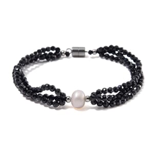 Freshwater Pearl and Thai Black Spinel 200.00 ctw Beaded 3 Row Bracelet in Stainless Steel (7.50 In)