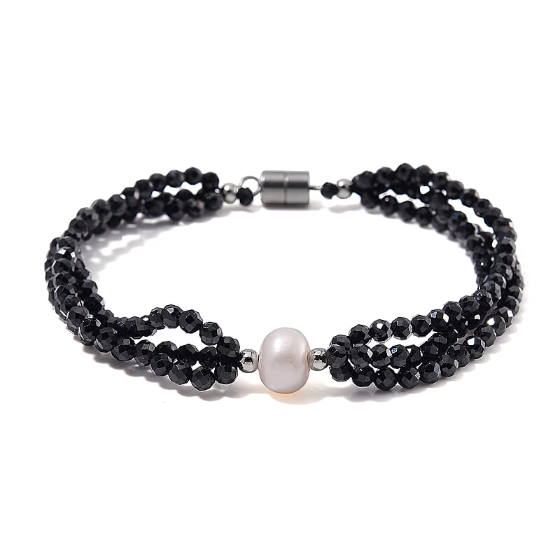 Freshwater Pearl and Thai Black Spinel 200.00 ctw Beaded 3 Row Bracelet in Stainless Steel (7.50 In)