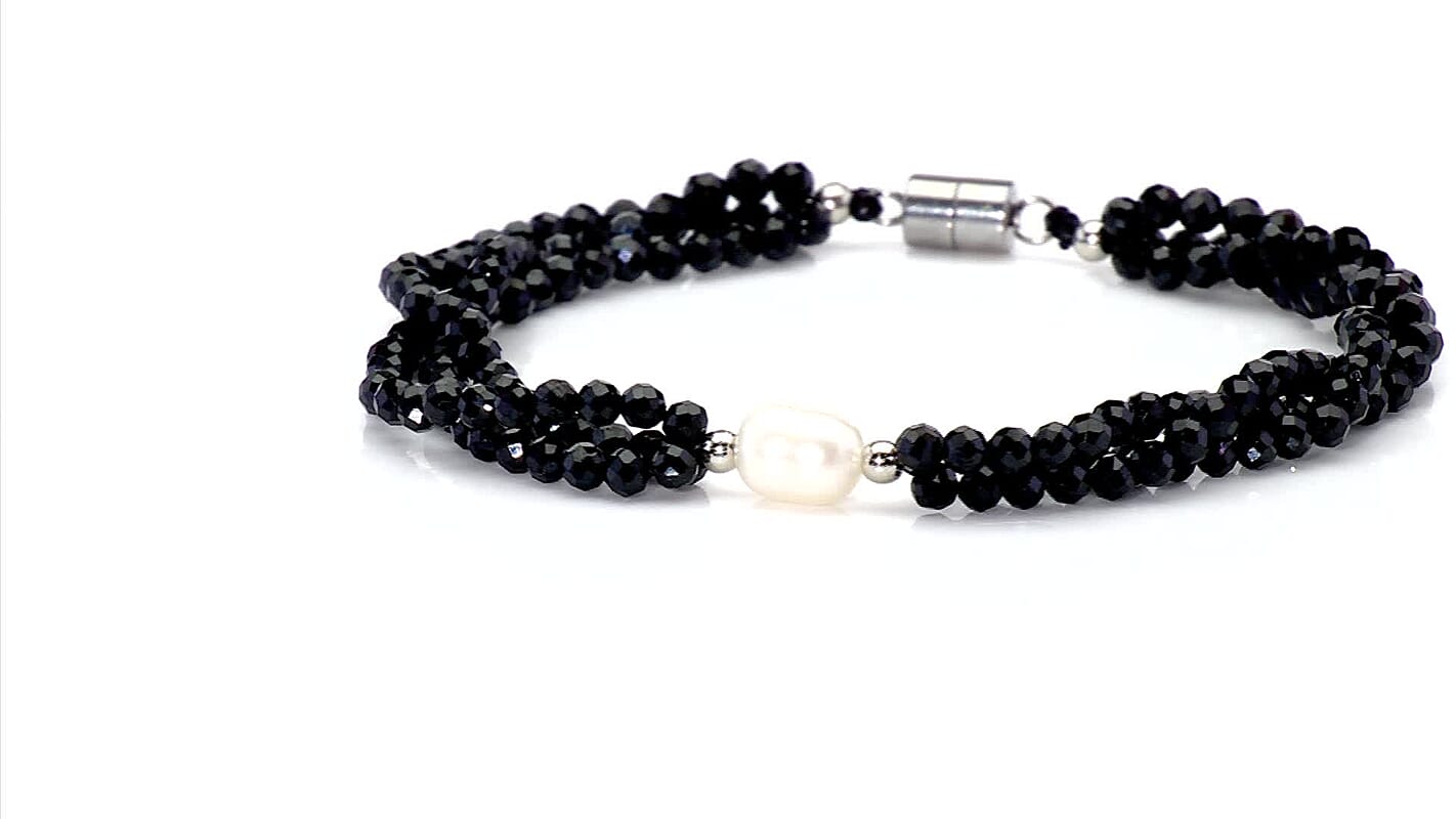 Freshwater Pearl and Thai Black Spinel 200.00 ctw Beaded 3 Row Bracelet in Stainless Steel (7.00 In)