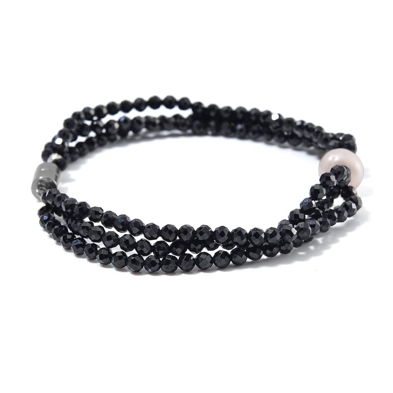 Freshwater Pearl and Thai Black Spinel 200.00 ctw Beaded 3 Row Bracelet in Stainless Steel (7.50 In)