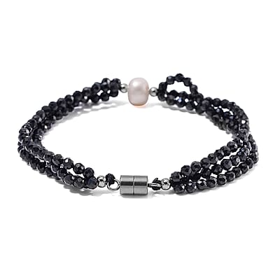 Freshwater Pearl and Thai Black Spinel 200.00 ctw Beaded 3 Row Bracelet in Stainless Steel (7.50 In)