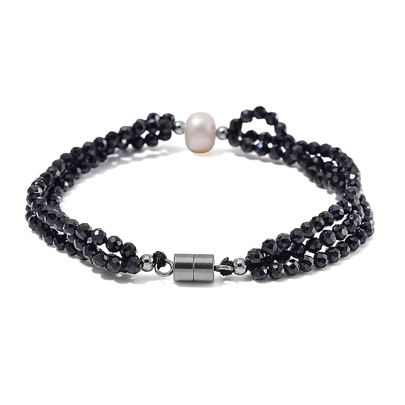 Freshwater Pearl and Thai Black Spinel 200.00 ctw Beaded 3 Row Bracelet in Stainless Steel (7.50 In)