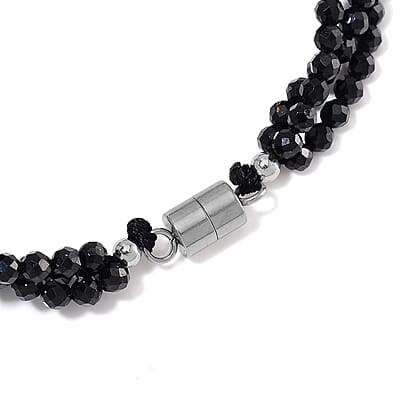 Freshwater Pearl and Thai Black Spinel 200.00 ctw Beaded 3 Row Bracelet in Stainless Steel (7.50 In)