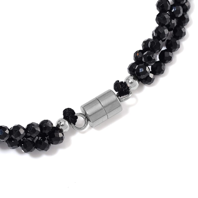 Freshwater Pearl and Thai Black Spinel 200.00 ctw Beaded 3 Row Bracelet in Stainless Steel (7.50 In)