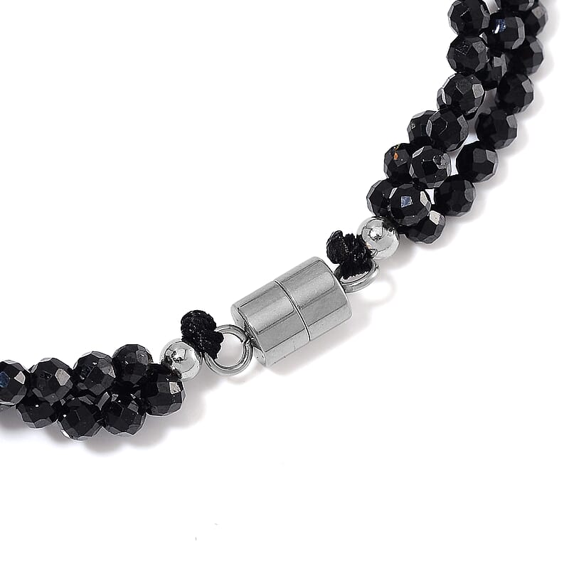 Freshwater Pearl and Thai Black Spinel 200.00 ctw Beaded 3 Row Bracelet in Stainless Steel (7.50 In)