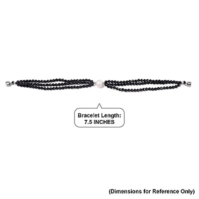 Freshwater Pearl and Thai Black Spinel 200.00 ctw Beaded 3 Row Bracelet in Stainless Steel (7.50 In)