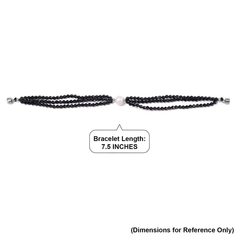 Freshwater Pearl and Thai Black Spinel 200.00 ctw Beaded 3 Row Bracelet in Stainless Steel (7.50 In)