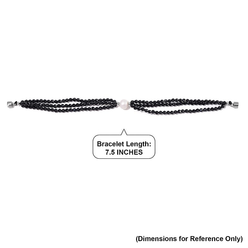 Freshwater Pearl and Thai Black Spinel 200.00 ctw Beaded 3 Row Bracelet in Stainless Steel (7.50 In)
