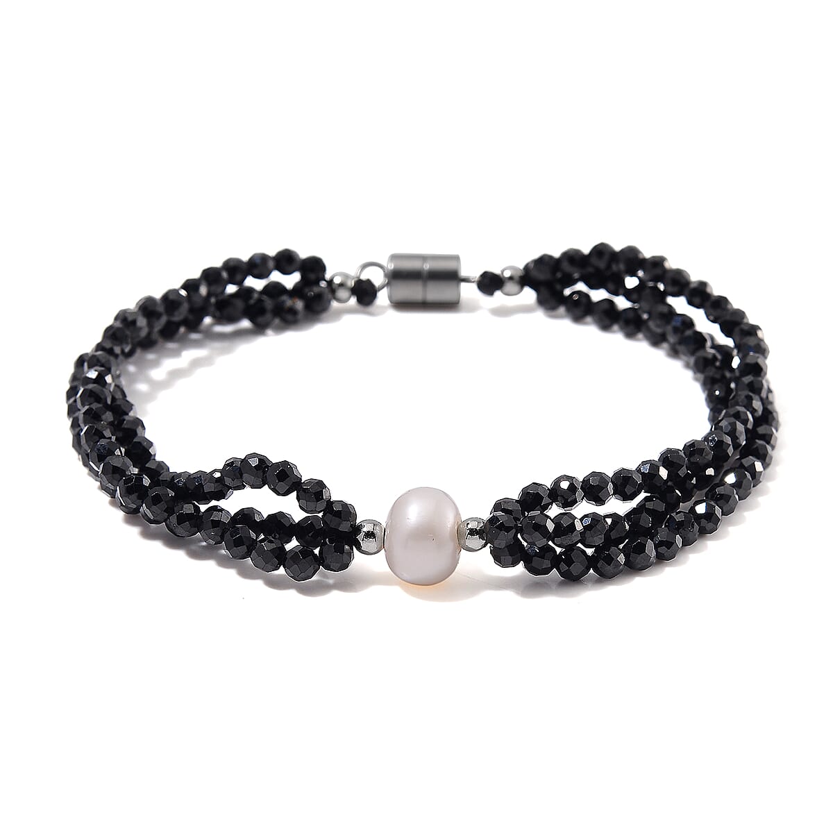 Freshwater Pearl and Thai Black Spinel 200.00 ctw Beaded 3 Row Bracelet in Stainless Steel (8.00 In) image number 0
