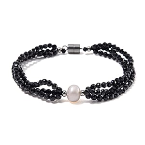Freshwater Pearl and Thai Black Spinel 200.00 ctw Beaded 3 Row Bracelet in Stainless Steel (8.00 In)