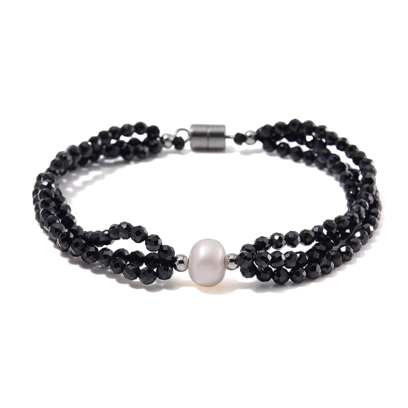 Freshwater Pearl and Thai Black Spinel 200.00 ctw Beaded 3 Row Bracelet in Stainless Steel (8.00 In)