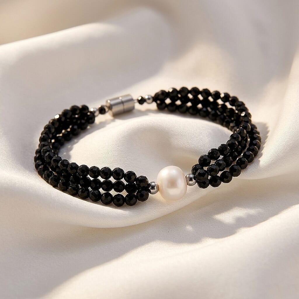 Freshwater Pearl and Thai Black Spinel 200.00 ctw Beaded 3 Row Bracelet in Stainless Steel (8.00 In)