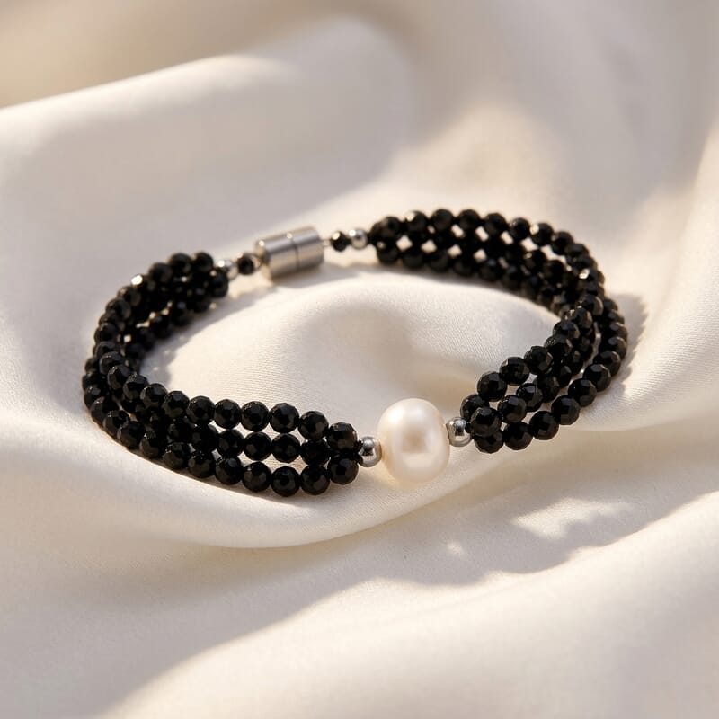 Freshwater Pearl and Thai Black Spinel 200.00 ctw Beaded 3 Row Bracelet in Stainless Steel (8.00 In)