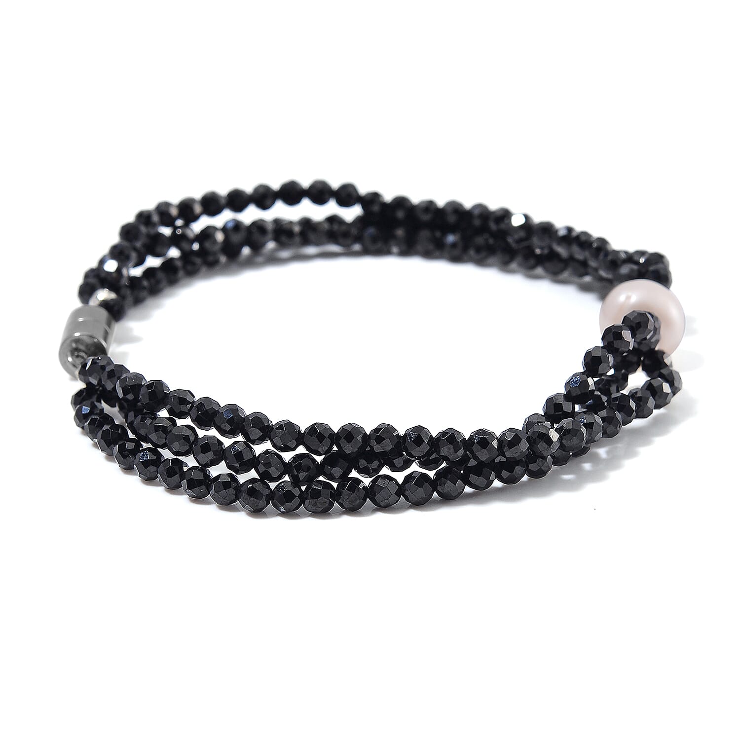 Freshwater Pearl and Thai Black Spinel 200.00 ctw Beaded 3 Row Bracelet in Stainless Steel (8.00 In)