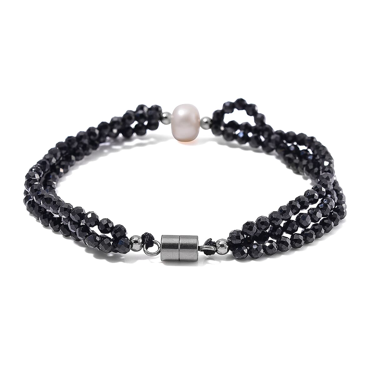 Freshwater Pearl and Thai Black Spinel 200.00 ctw Beaded 3 Row Bracelet in Stainless Steel (8.00 In) image number 3