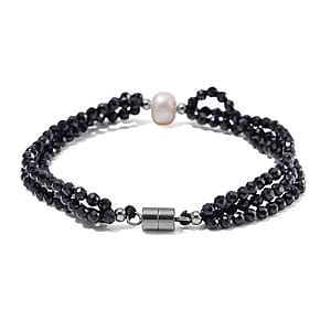 Freshwater Pearl and Thai Black Spinel 200.00 ctw Beaded 3 Row Bracelet in Stainless Steel (8.00 In)