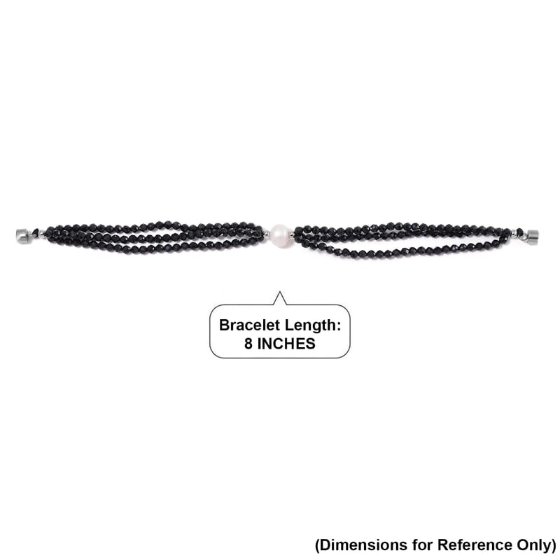Freshwater Pearl and Thai Black Spinel 200.00 ctw Beaded 3 Row Bracelet in Stainless Steel (8.00 In)