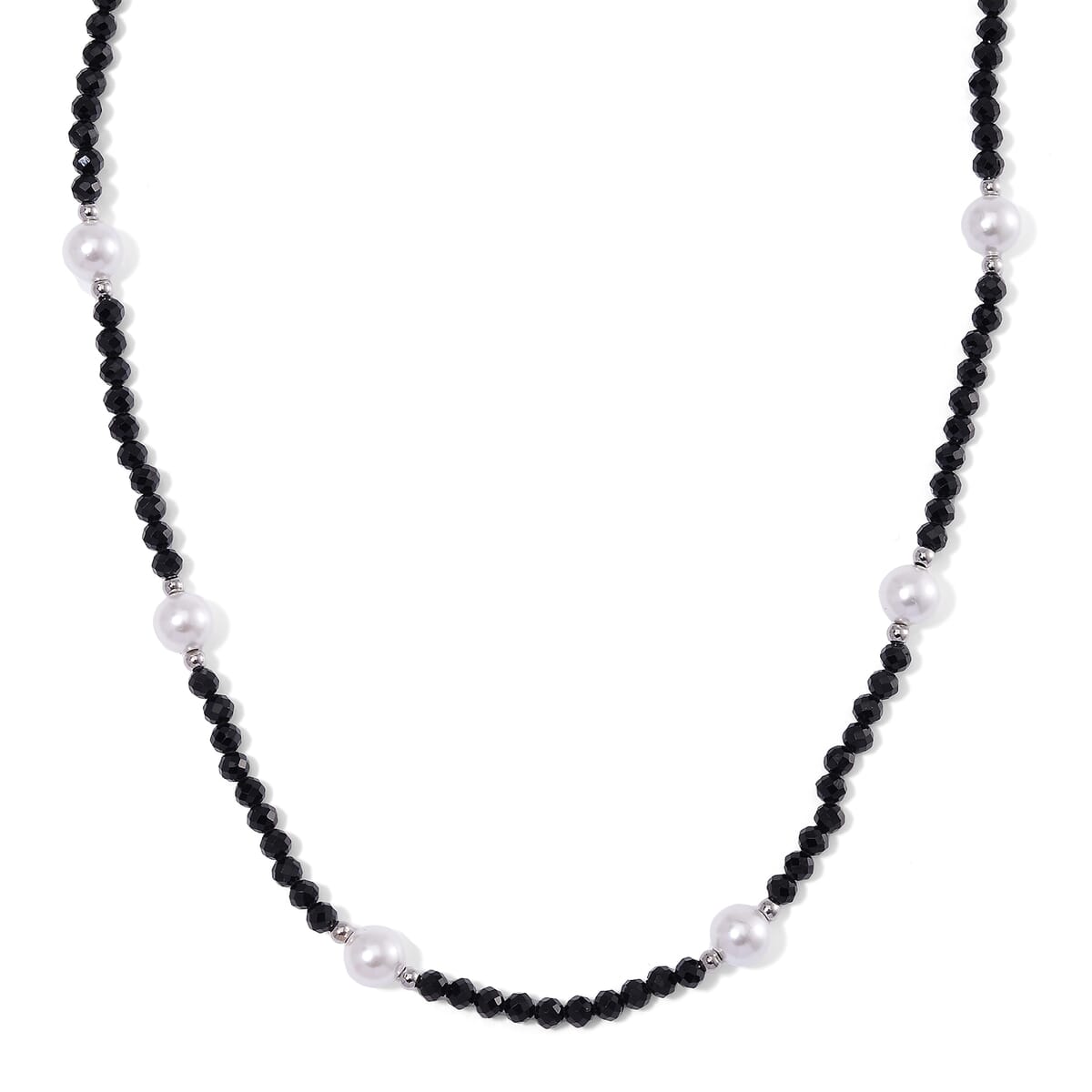 White Shell Pearl and Thai Black Spinel 50.00 ctw Beaded Necklace in Silvertone (18-20 Inches) image number 0