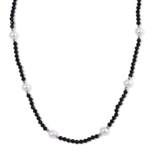 White Shell Pearl and Thai Black Spinel 50.00 ctw Beaded Necklace in Silvertone (18-20 Inches)