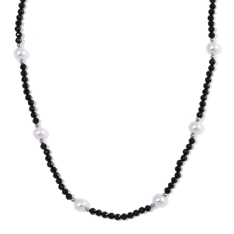 Thai Black Spinel with White Shell Pearl 50.00 ctw Beaded Necklace in Silvertone 18-20 Inches