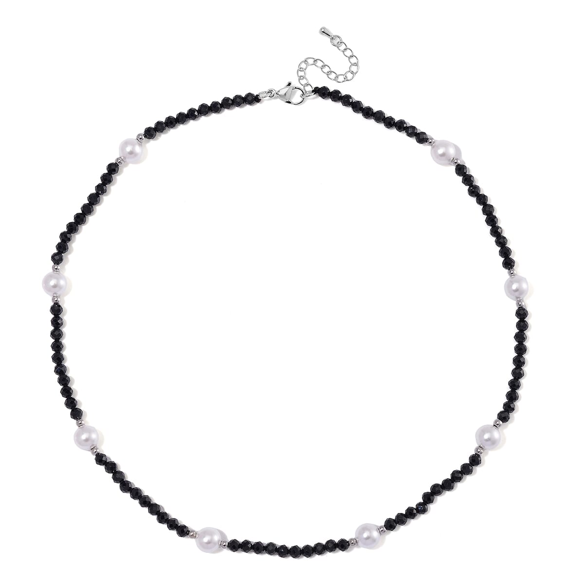 White Shell Pearl and Thai Black Spinel 50.00 ctw Beaded Necklace in Silvertone (18-20 Inches) image number 2