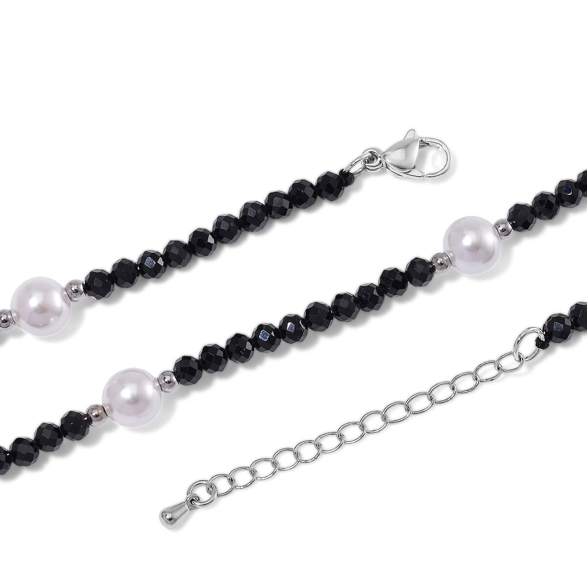 White Shell Pearl and Thai Black Spinel 50.00 ctw Beaded Necklace in Silvertone (18-20 Inches) image number 3
