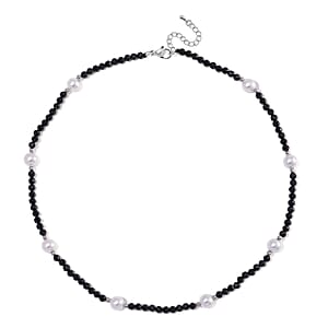 Thai Black Spinel with White Shell Pearl 50.00 ctw Beaded Necklace in Silvertone 18-20 Inches