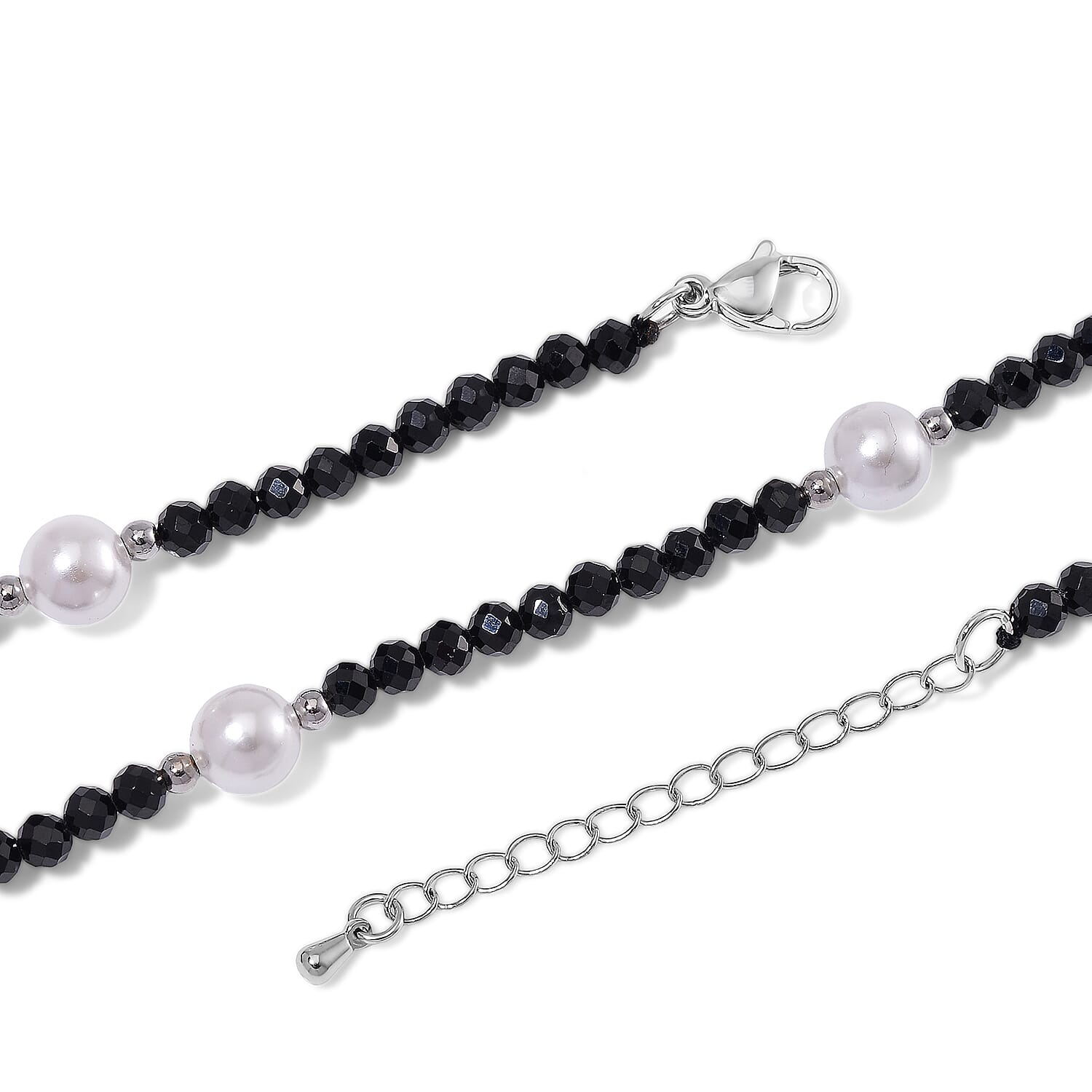 Thai Black Spinel with White Shell Pearl 50.00 ctw Beaded Necklace in Silvertone 18-20 Inches