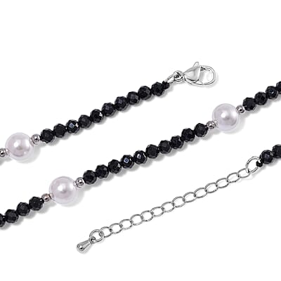 Thai Black Spinel with White Shell Pearl 50.00 ctw Beaded Necklace in Silvertone 18-20 Inches