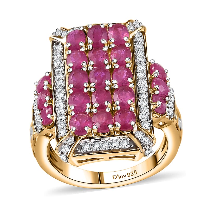 D'Joy Mozambique Ruby and White Zircon 5.40 ctw Opulent Prism Ring in Rhodium & 18K Vermeil Yellow Gold Over Sterling Silver (Size 10.0)