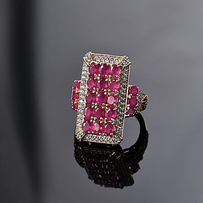 D'Joy Mozambique Ruby and White Zircon 5.40 ctw Opulent Prism Ring in Rhodium & 18K Vermeil Yellow Gold Over Sterling Silver (Size 10.0)