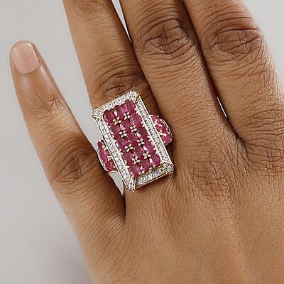 D'Joy Mozambique Ruby and White Zircon 5.40 ctw Opulent Prism Ring in Rhodium & 18K Vermeil Yellow Gold Over Sterling Silver (Size 10.0)