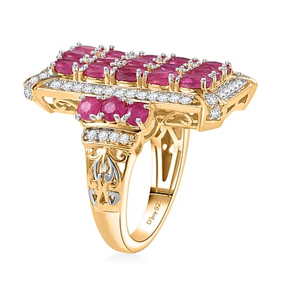 D'Joy Mozambique Ruby and White Zircon 5.40 ctw Opulent Prism Ring in Rhodium & 18K Vermeil Yellow Gold Over Sterling Silver (Size 10.0)