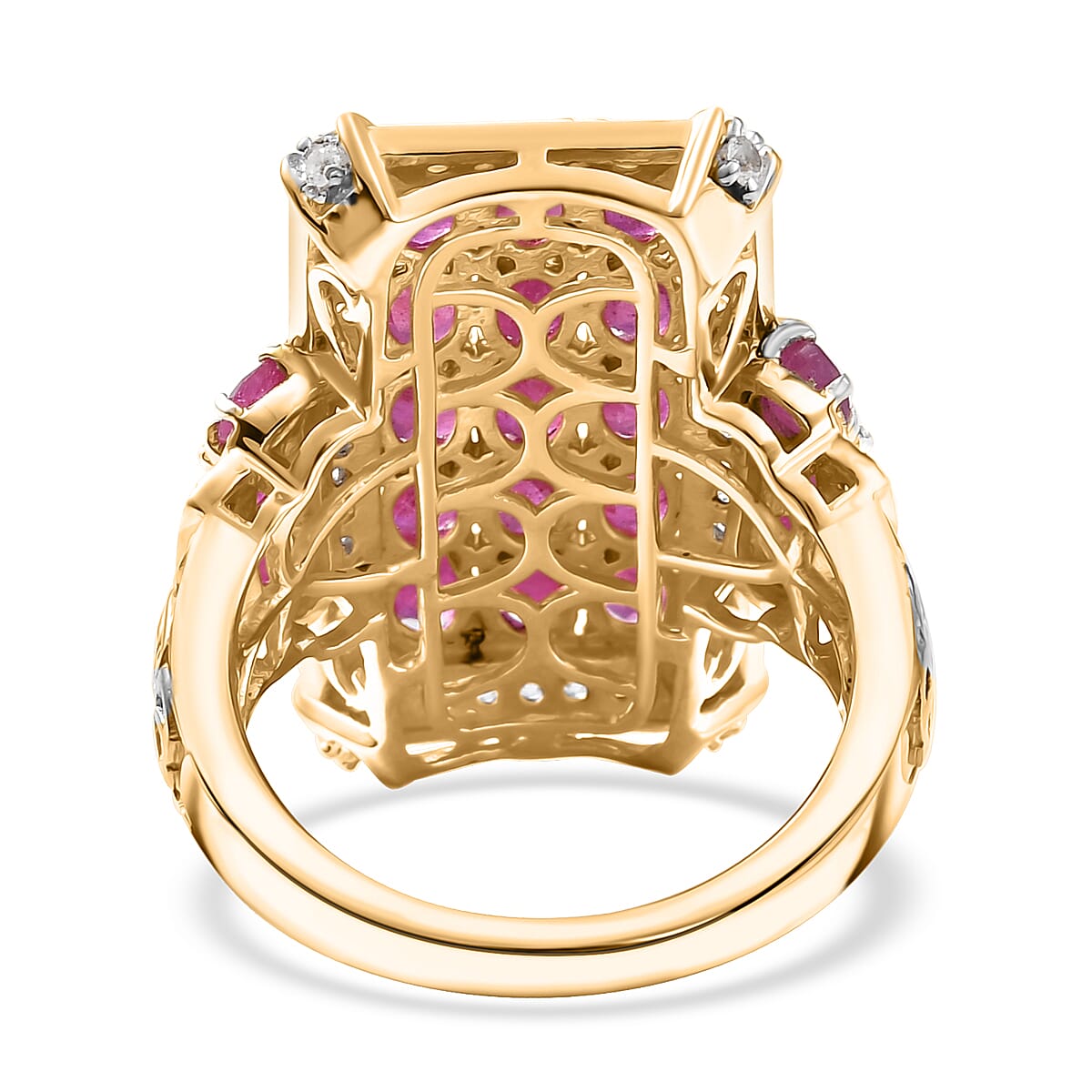 D'Joy Mozambique Ruby and White Zircon 5.40 ctw Opulent Prism Ring in Rhodium & 18K Vermeil Yellow Gold Over Sterling Silver (Size 10.0)