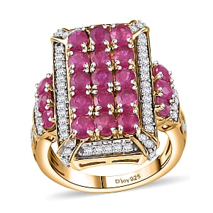 D'Joy Mozambique Ruby and White Zircon 5.40 ctw Opulent Prism Ring in Rhodium & 18K Vermeil Yellow Gold Over Sterling Silver (Size 6.0)