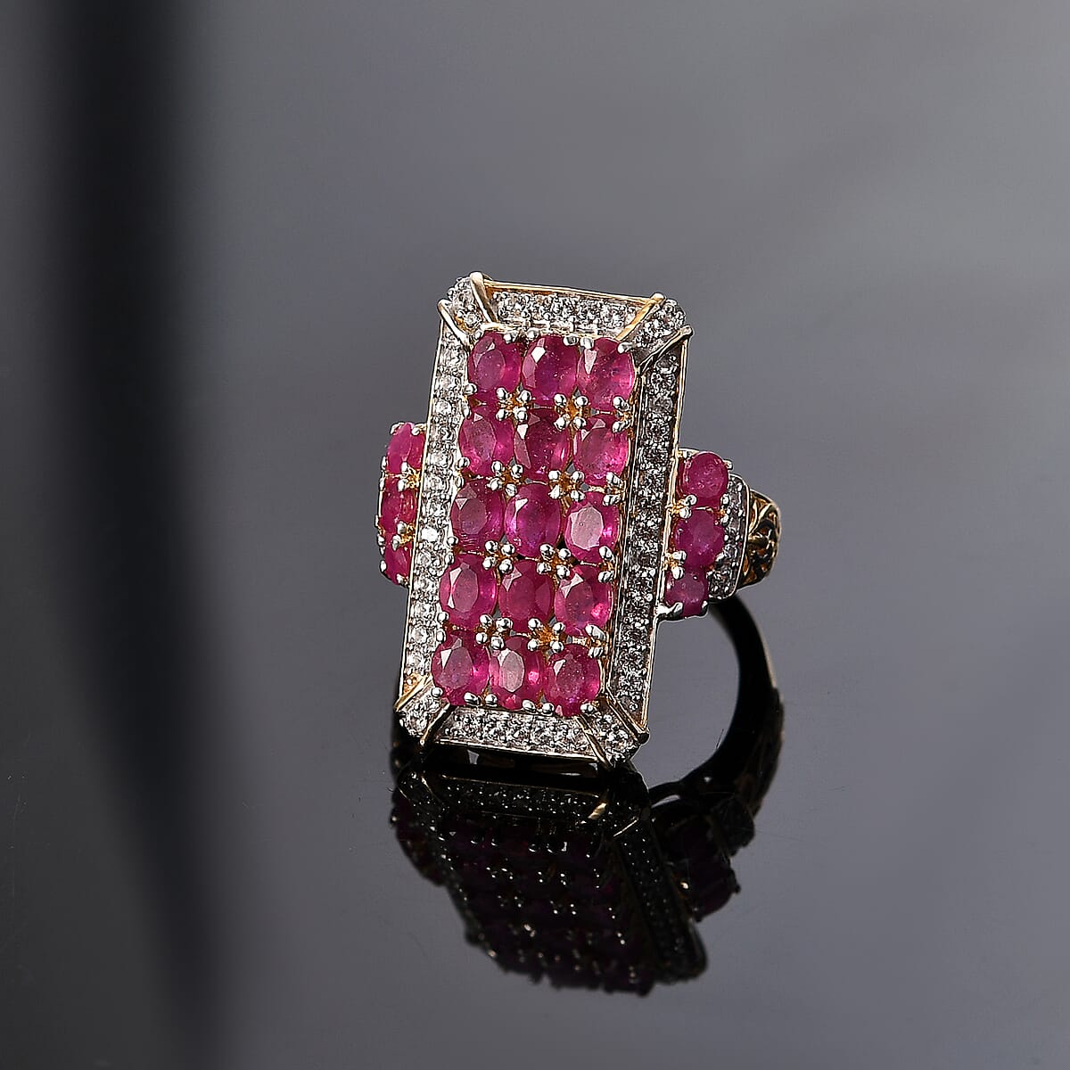 D'Joy Mozambique Ruby and White Zircon 5.40 ctw Opulent Prism Ring in Rhodium & 18K Vermeil Yellow Gold Over Sterling Silver (Size 6.0) image number 1
