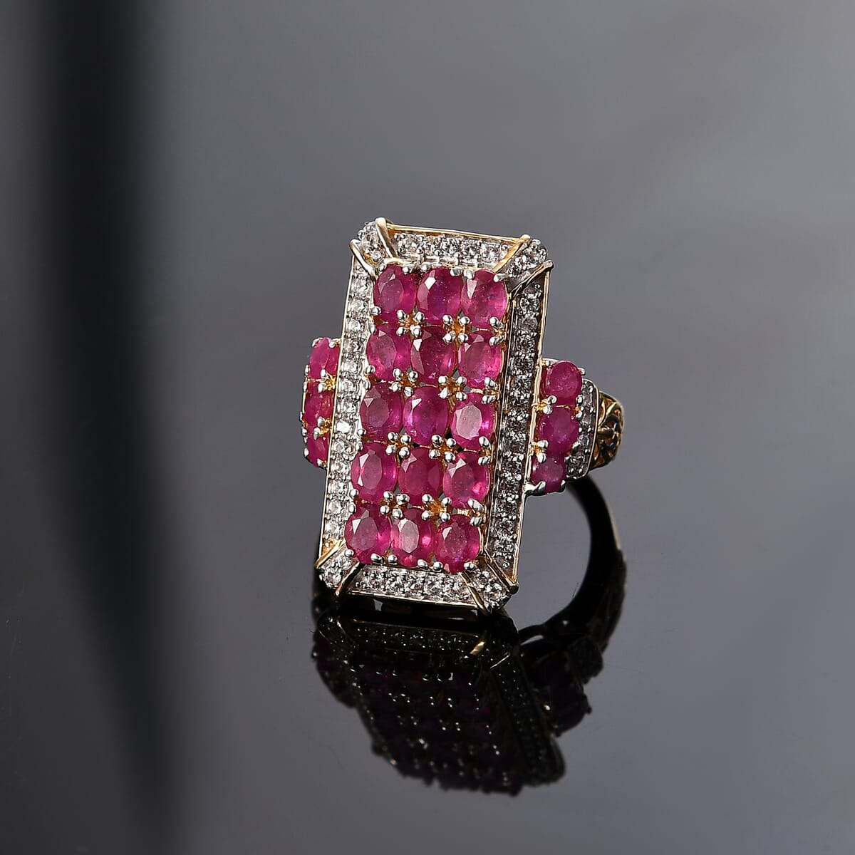 D'Joy Mozambique Ruby and White Zircon 5.40 ctw Opulent Prism Ring in Rhodium & 18K Vermeil Yellow Gold Over Sterling Silver (Size 8.0) image number 1