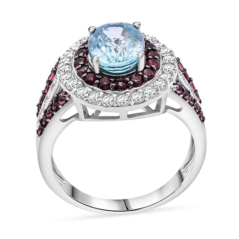 Cambodian Blue Zircon, Brown and White Zircon 4.80 ctw Oceanic Opulence Ring in Rhodium Over Sterling Silver (Size 10.0)