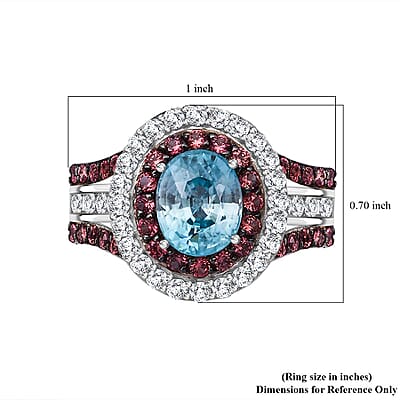 Cambodian Blue Zircon, Brown and White Zircon 4.80 ctw Oceanic Opulence Ring in Rhodium Over Sterling Silver (Size 10.0)