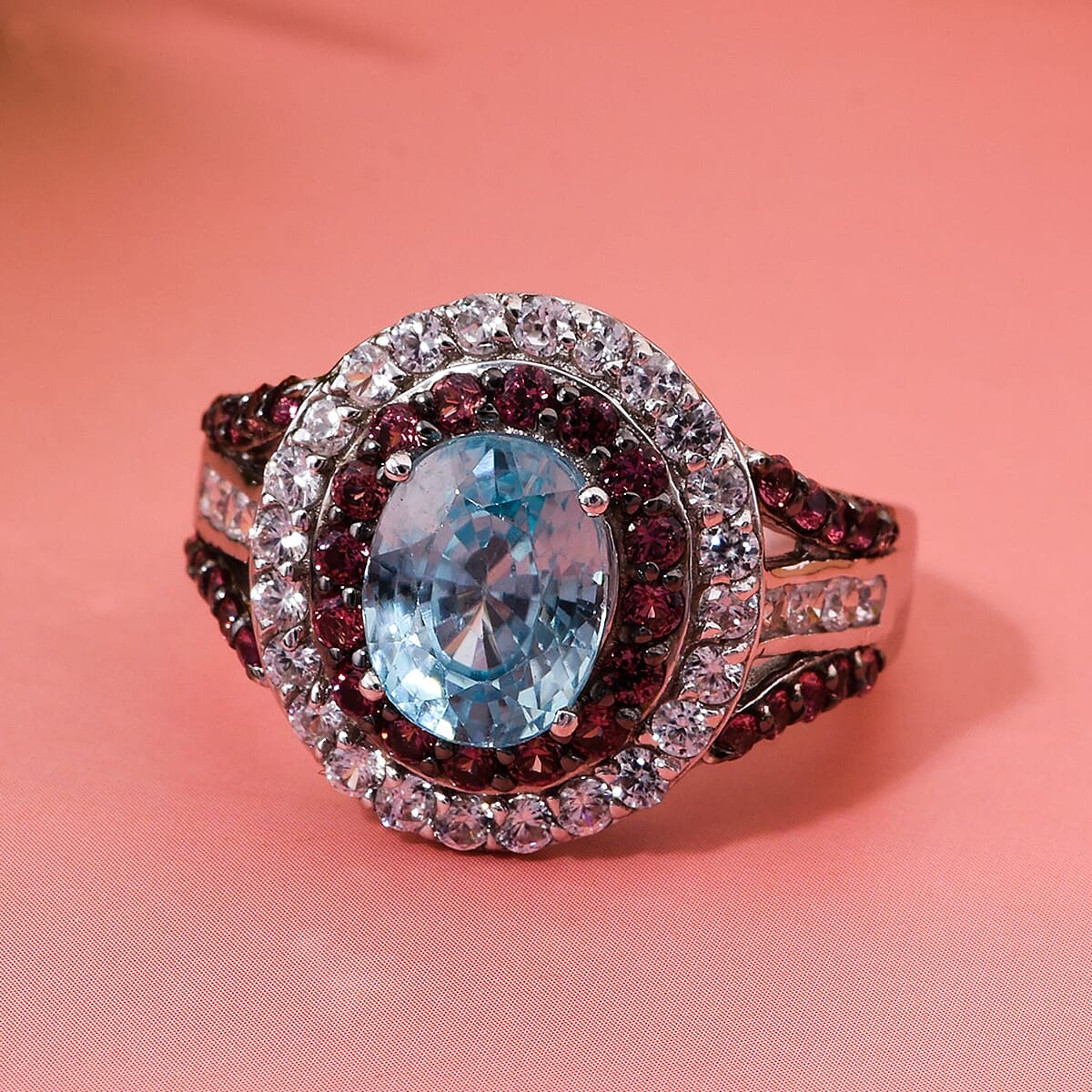 Cambodian Blue Zircon, Brown and White Zircon 4.80 ctw Oceanic Opulence Ring in Rhodium Over Sterling Silver (Size 7.0) image number 1